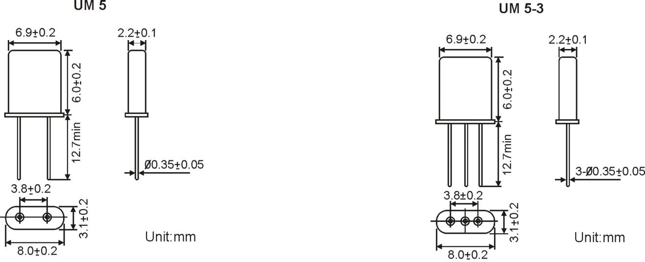 THT QUARTZ CRYSTAL UM5 8.0 x 3.1 mm 10.0-200.0MHz THT QUARTZ CRYSTAL UM5 8.0 x 3.1 mm 10.0-200.0MHz